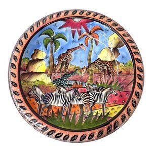 Handmade & Painted Penzo Zimbabwe Safari Pack of Zebra Giraffe Ceramic Bowl 10"